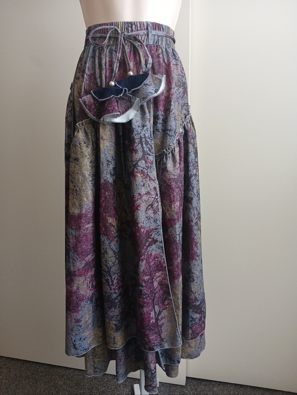 Boho Tiered Asymmetrical Maxi Skirt Purple Floral Print Elastic Waist Size M Unb